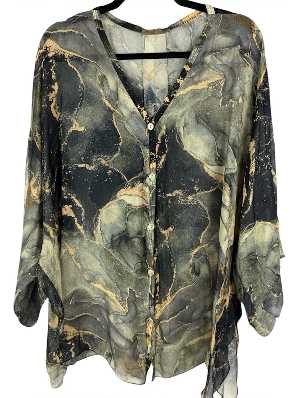 Beyond Capri Italy Silk Blend Lagenlook Abstract Marble Sheer Tunic Top OS